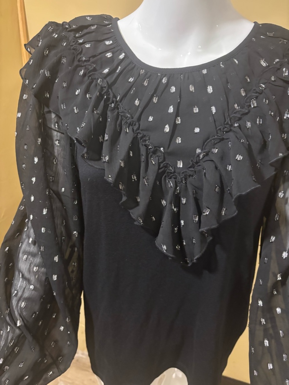 LOFT Black Blouse with Sheer Sleeves and Dot Detail